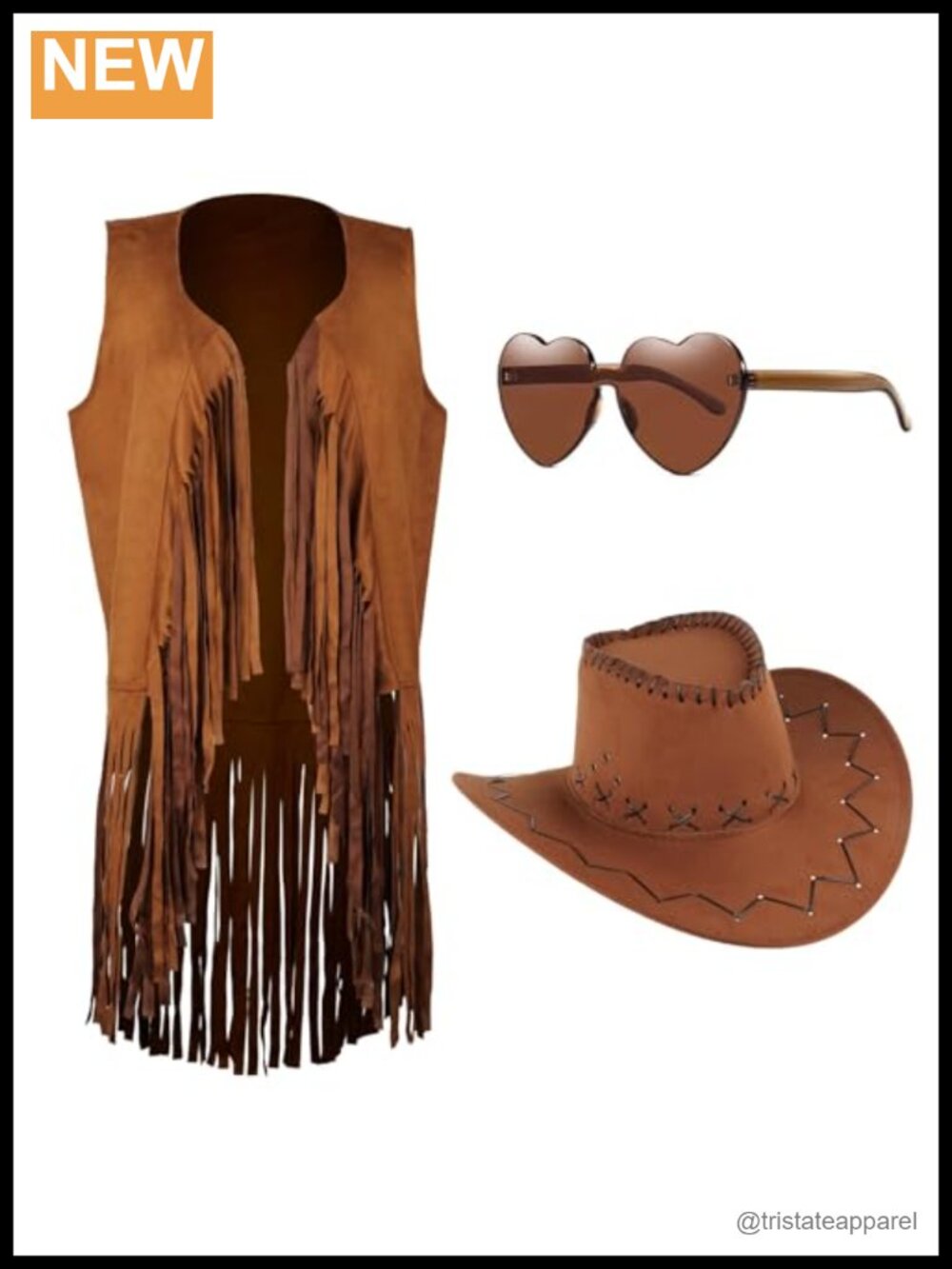 Faux Suede Fringe Vest Cowboy Hat Heart Sunglasses Set Western Costume